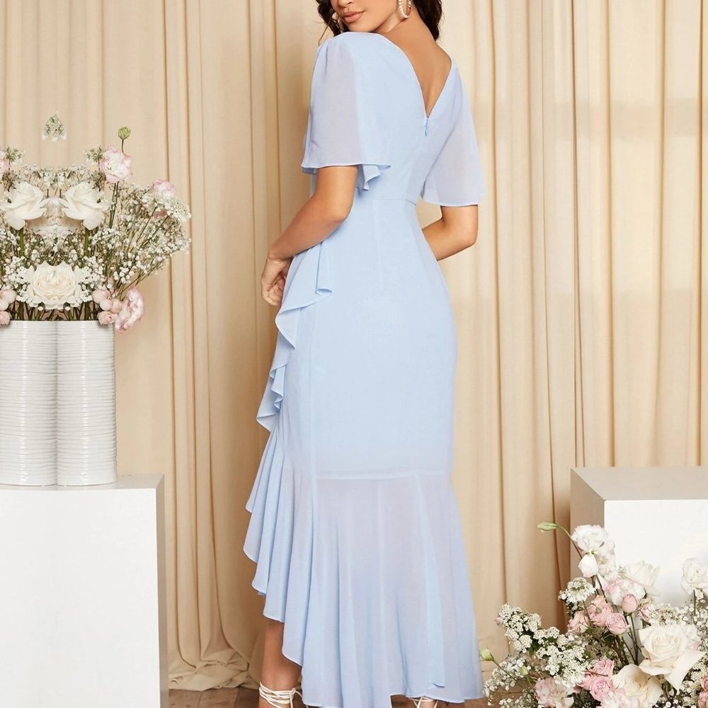 Baby Blue Preppy Womens Neck Butterfly Sleeve Ruffle Wrap High Low Hem Dress - Picture 2 of 5